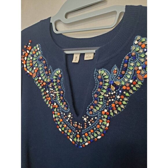 Anthropologie Moth Jeweled Embellished Split V Neck Navy Sweater Sz L - Picture 5 of 9